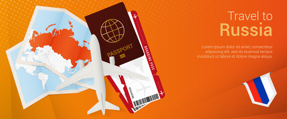 Travel to Russia pop-under banner. Trip banner with passport, tickets, airplane, boarding pass, map and flag of Russia.