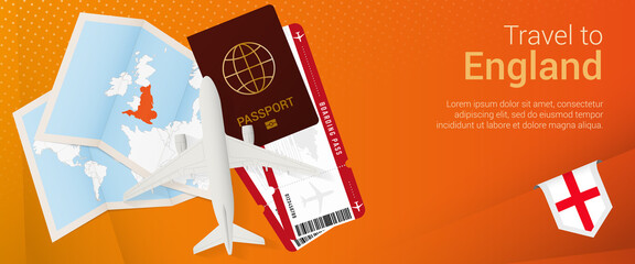 Travel to England pop-under banner. Trip banner with passport, tickets, airplane, boarding pass, map and flag of England.