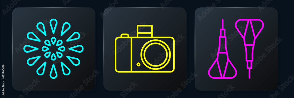 Poster set line firework, dart arrow and photo camera. black square button. vector