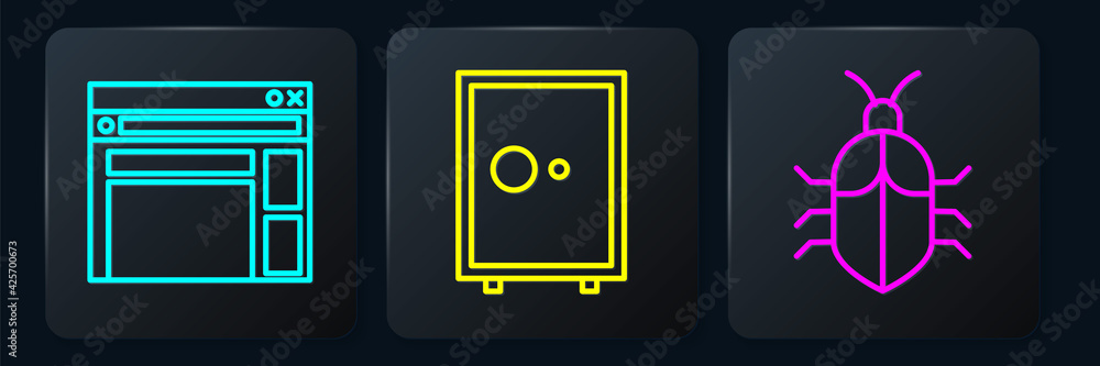 Poster set line website template, system bug concept and safe. black square button. vector