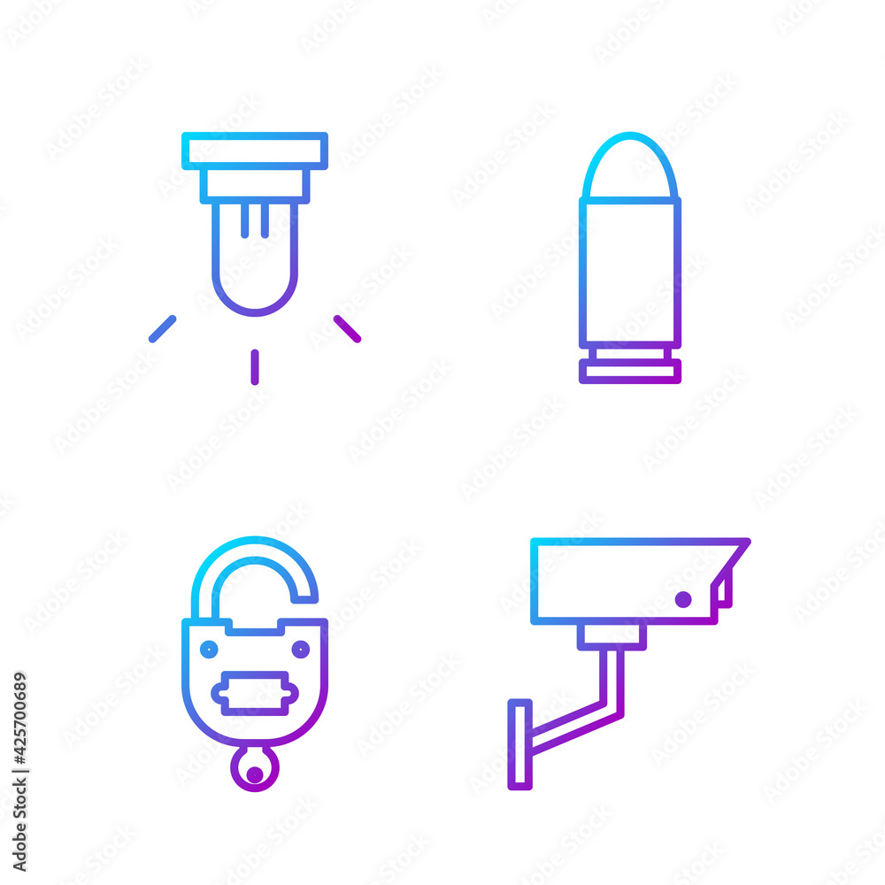 Poster set line security camera, lock and key, motion sensor and bullet. gradient color icons. vector