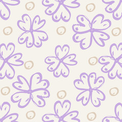 Hand-drawn floral background. Vector seamless pattern in doodle style. Pink flowers on a light background.