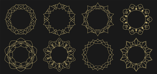 Set of decorative frames. Geometric ornaments. Circle pattern. Round borders made of lines and decorative elements. Design background for invitations and holiday cards.