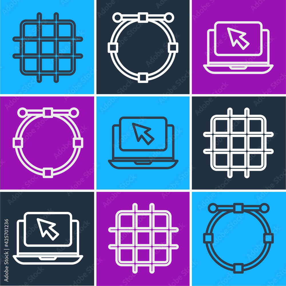 Aufkleber set line grid graph paper, laptop and cursor and circle with bezier curve icon. vector