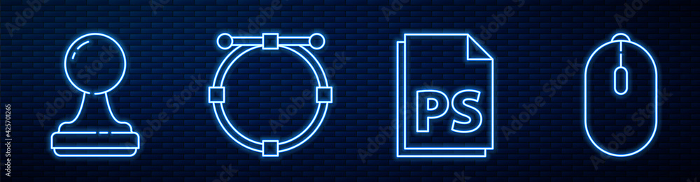 Poster set line ps file document, stamp, circle with bezier curve and computer mouse. glowing neon icon on 