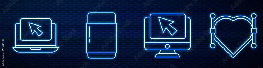 Poster set line computer monitor and cursor, laptop and cursor, eraser or rubber and heart with bezier curv