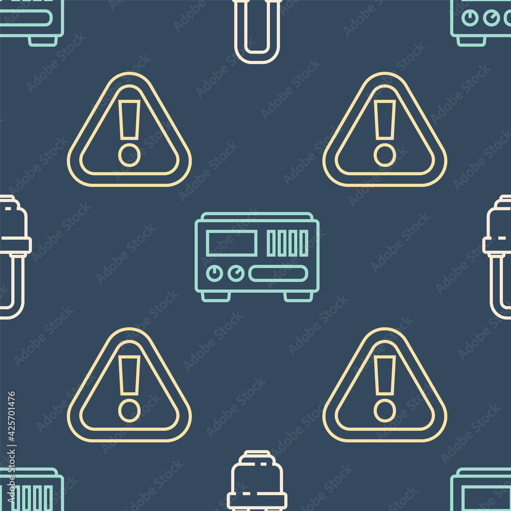 Poster set line led light bulb, exclamation mark in triangle and electrical measuring instruments on seamle