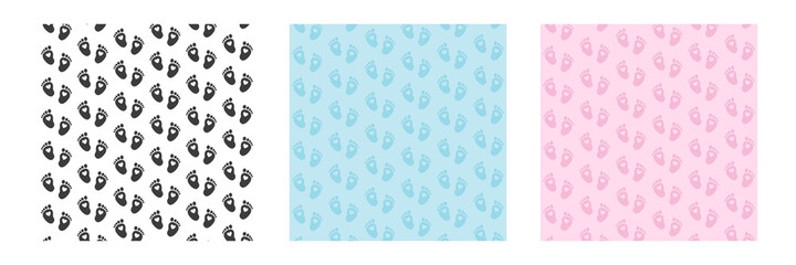 Set. Baby foot prints. Baby shower background. Blue, pink and black legs pattern. Illustration.