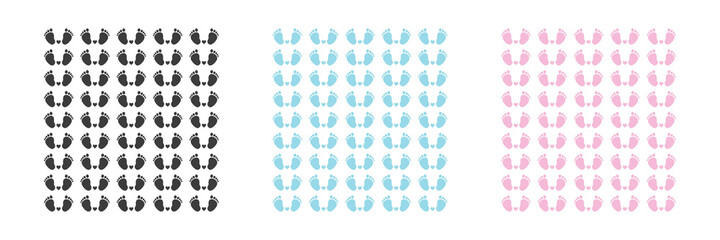 Fototapeta premium Set. Baby foot prints. Baby shower background. Blue, pink and black legs pattern. Illustration.