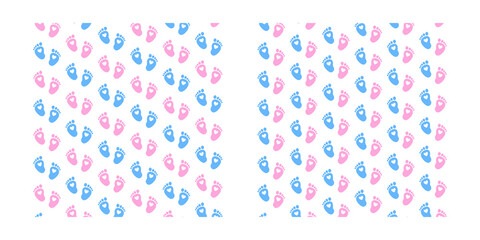 Set. Baby foot prints. Baby shower background. Blue and pink legs pattern. Illustration.