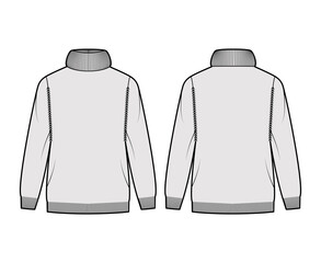 Sweater Exaggerated Turtleneck technical fashion illustration with long sleeves, oversized, hip length, knit rib trim. Flat apparel front, back, grey color style. Women, men unisex CAD mockup