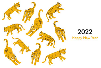 ゆるくてかわいい手書きの虎の2022年年賀状テンプレートのベクターイラスト(横)