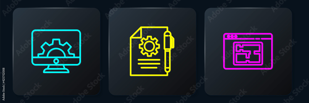 Poster set line computer monitor and gear, house plan and document settings pen. black square button. vecto