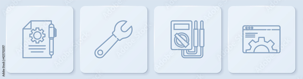 Poster set line document settings and pen, multimeter, wrench spanner and browser. white square button. vec