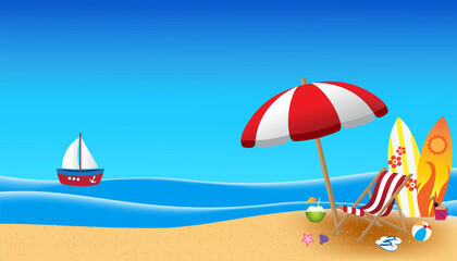 Summer beach design in the seashore with beach umbrellas and chairs. It has a sea background. Summer for a beach vacation
