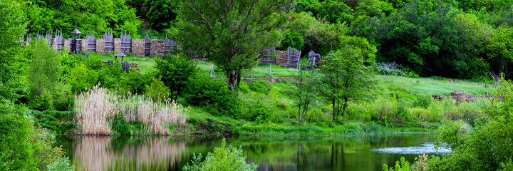 Forest spring or river flow landscape, calm nature background