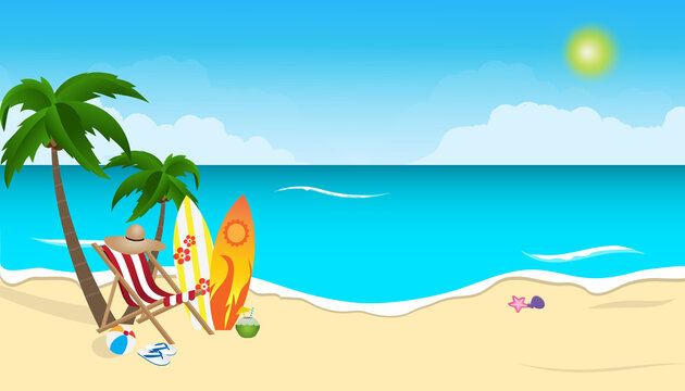 Summer beach design in the seashore with surf Boards and chairs. It has a sea background with bright sunlight. Summer for a beach vacation