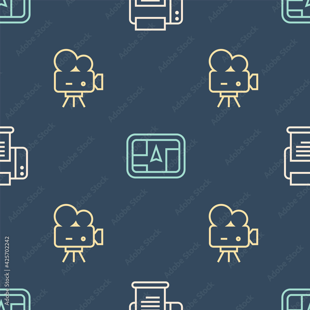 Poster set line printer, retro cinema camera and gps device with map on seamless pattern. vector