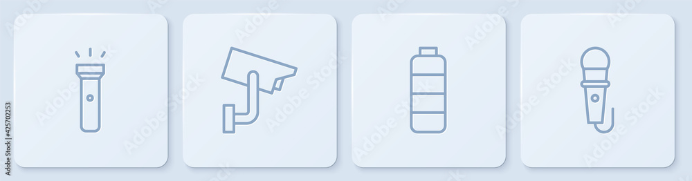 Poster set line flashlight, battery charge level indicator, security camera and microphone. white square bu