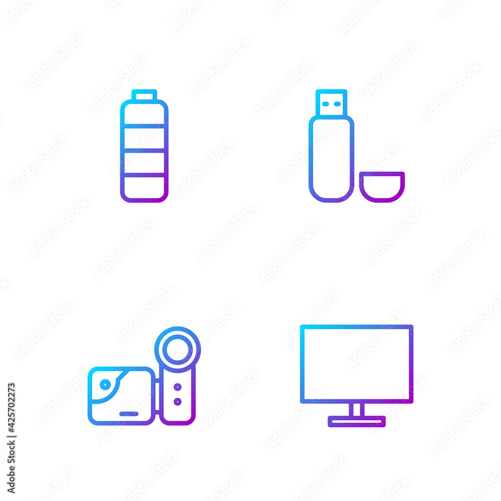 Poster set line computer monitor screen, cinema camera, battery charge level indicator and usb flash drive.