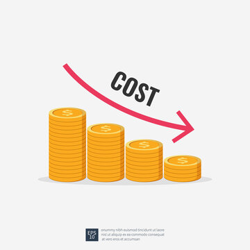 Costs reduction, costs cut, costs optimization business concept. Coin stacks with descending curve or arrow vector illustration.