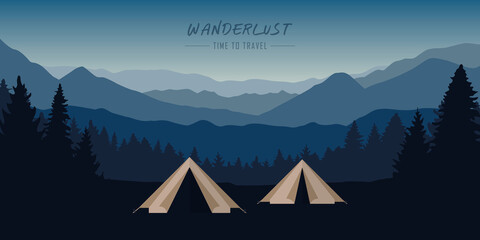 wanderlust camping adventure tent at blue mountain and forest landscape © krissikunterbunt