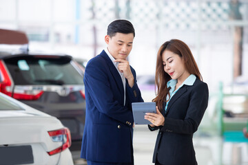 dealership professional salesman negotiate and present. concept professionalism agreement contract...