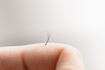 Macro photo lashes on hand master. Concept eyelash extension procedure