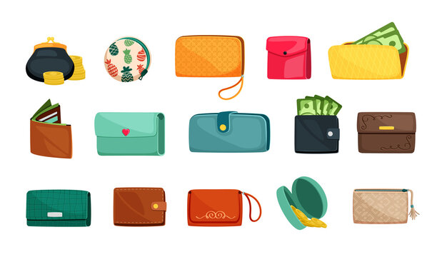 Stylish wallets set. Fashion accessories with green bills of various shapes leather in brown strict style childrens with bright pineapple drawing black in round retro style. Cartoon vector style.