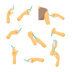 Hand holds syringe and vaccinates set. Positions for correct injection and withdrawal of medication immunization with disposable plastic medical instrument protection coronavirus. Vector vaccine.