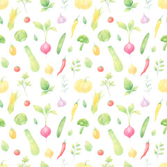 Watercolor seamless pattern with vegetables on white background. Colorful greenery and vegetables digital paper. 