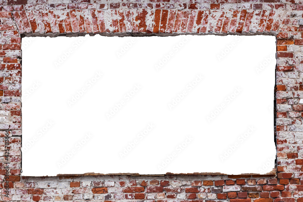 Poster red brick wall with a hole in the middle. isolated on white background. grunge frame. horizontal fra