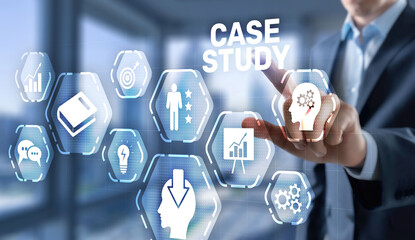 Fototapeta Businessman pressing case study button on virtual screens obraz