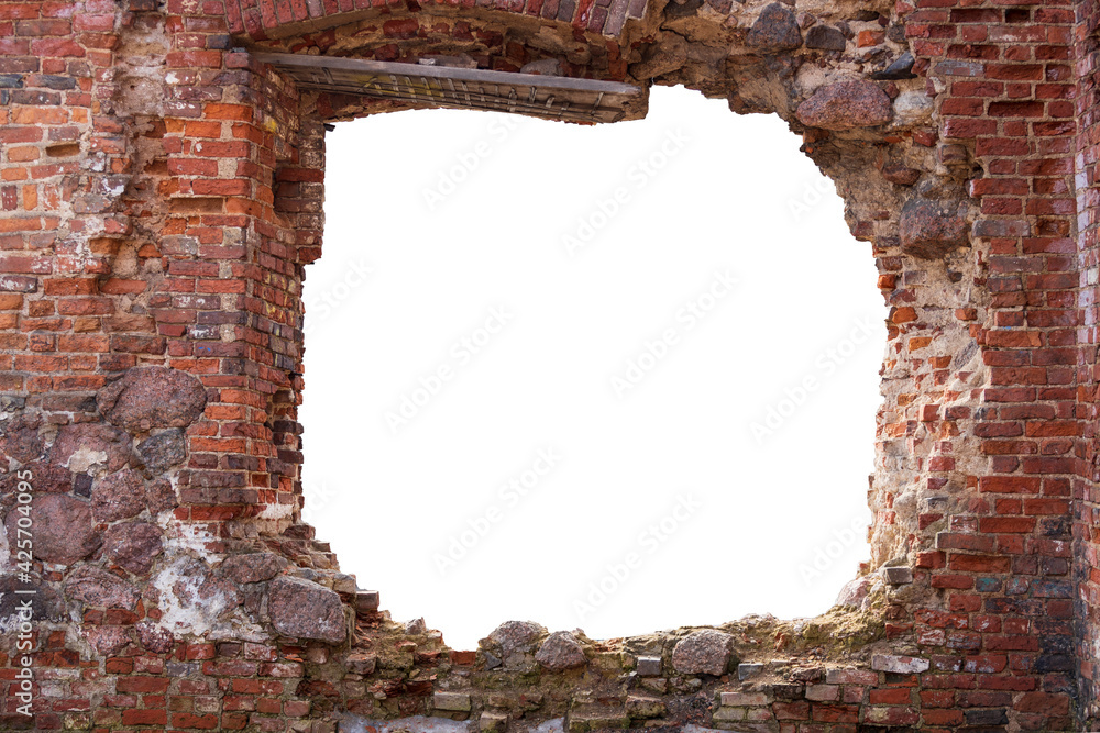 Poster red brick wall with a hole in the middle. isolated on white background. grunge frame. horizontal fra
