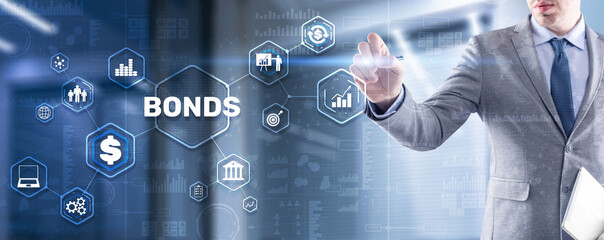 Businessman clicks a bonds virtual screen. Bond Finance Banking Technology concept. Trade Market Network