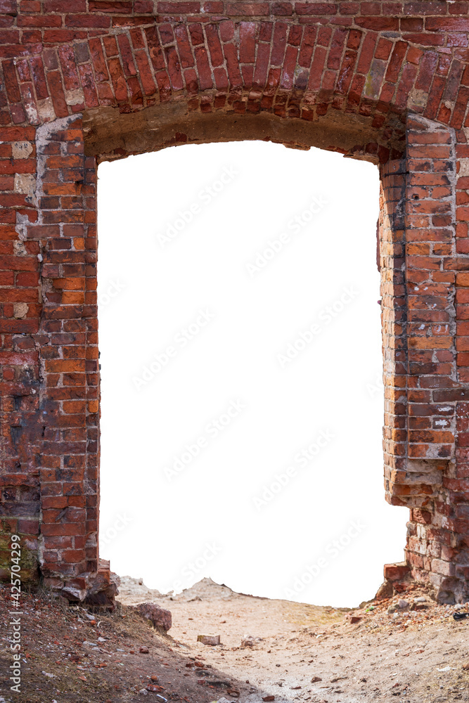 Poster old wall made of old bricks with a hole in the middle. isolated on white background. grunge frame. v