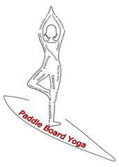 Paddle Board Yoga wordcloud, female Silhouette on SUP Board - illustration