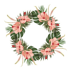 Fototapeta na wymiar Round frame made of tropical flowers and leaves. Pink hibiscus flowers and green leaves of monstera and other plants.