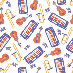 Hand drawn seamless pattern of musical instrument. Flat sketch style. Isolated vector illustration for for musical instrument store, music festival background, textile, wallpaper, fabric..