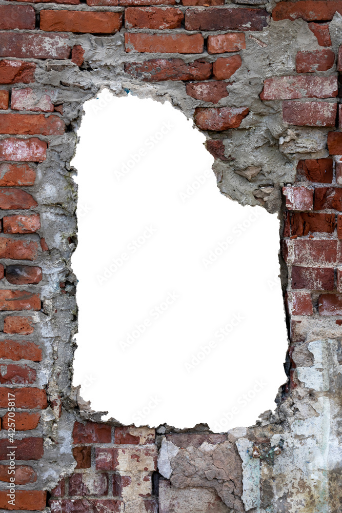 Poster destroyed wall of old bricks with a hole in the middle. isolated on white background. grunge frame. 