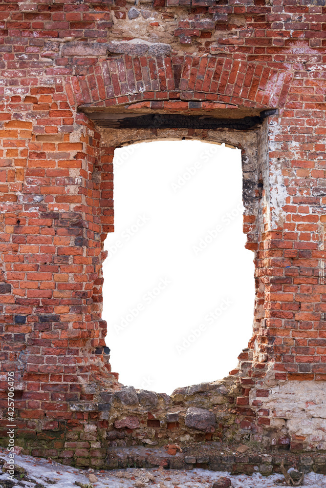 Poster destroyed wall of old bricks with a hole in the middle. isolated on white background. grunge frame. 