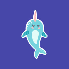 Kawaii narwhal sticker concept, cute baby whale character. Hand drawn fun ocean animal with pink horn, pastel color, modern trendy vector illustration, flat cartoon style, isolated on blue background © Alice