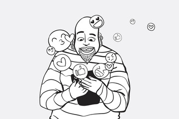 Social media impressions background in grayscale with cartoon man illustration