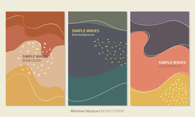 Minimal abstract backgrounds with simple waves shapes colored in orange, beige, yellow, purple, green and blue tones. Editable book cover templates set suitable for postcards, ads and social media.