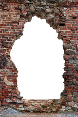 old wall with a red brick hole in the middle. isolated on white background. vertical frame. grunge...