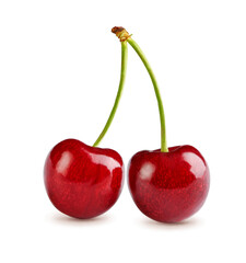 Two cherries with cherry leaf isolated on white.