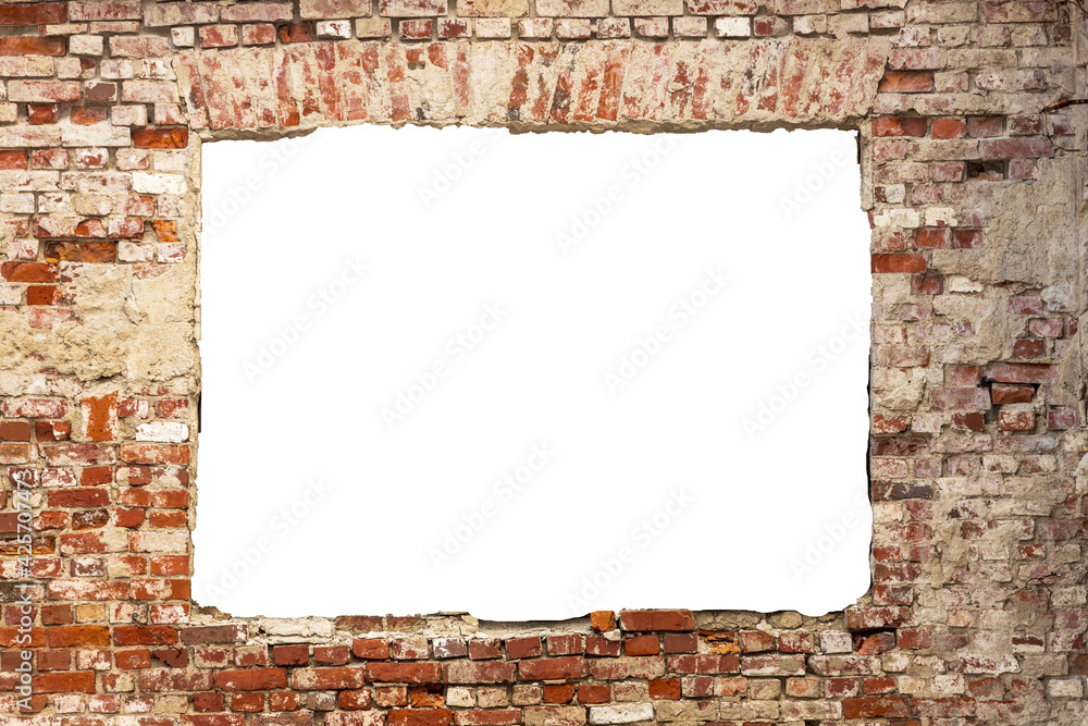Poster destroyed wall of old bricks with a hole in the middle. isolated on white background. grunge frame. 