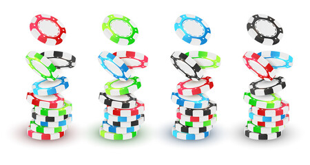 Stacks of red, green, blue, black poker chips, tokens on white background. Vector illustration for casino, game design.
