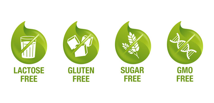 Lactose, Gluten, GMO, Sugar free 3D pictograms