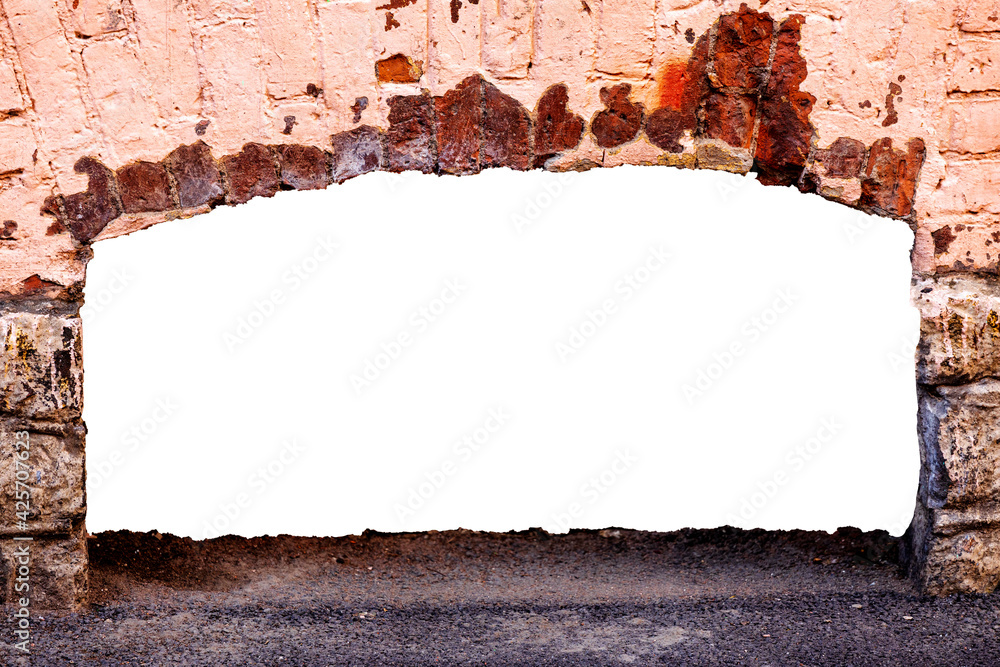 Poster wall of old red brick with a hole. isolated on white background. grunge frame. horizontal frame